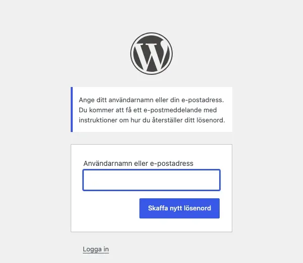 Sidan för glömt lösenord i WordPress på svenska
