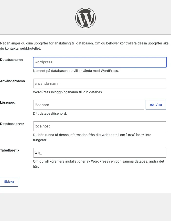 Steget Konfigurera din databasanslutning i WordPress installationsguide på svenska