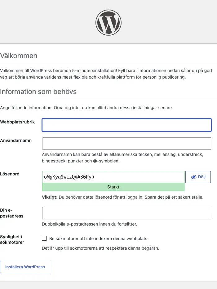 Välkommen till WordPress berömda 5-minutersinstallation, på svenska