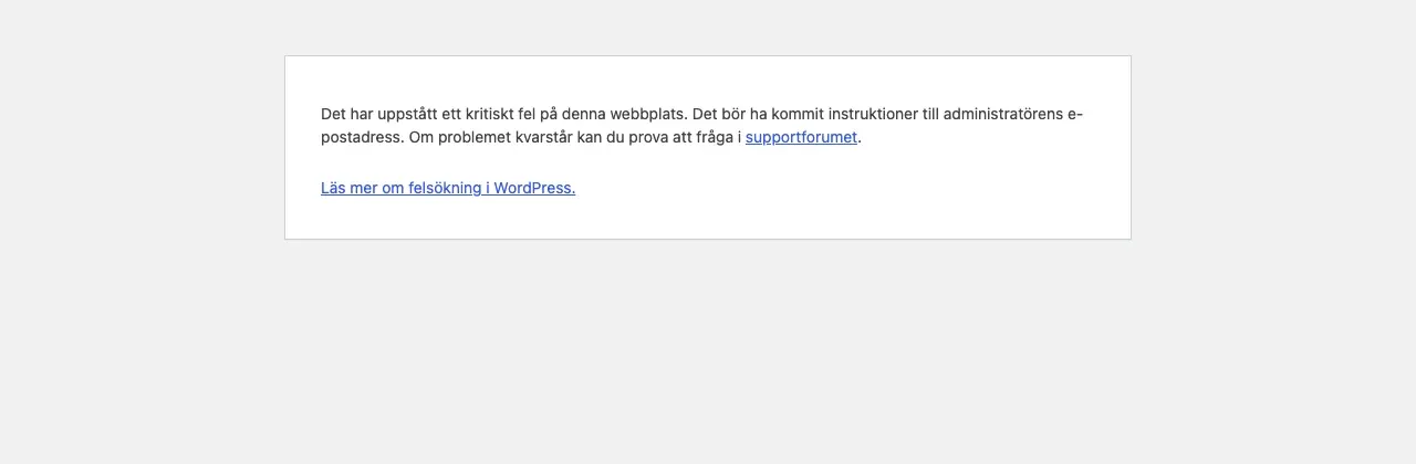 WordPress felskärm i adminpanelen som hänvisar till administratörens e-post