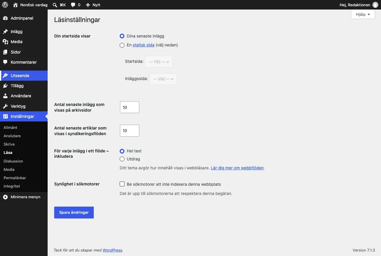 Läsinställningar i WordPress med valet Din startsida visar och Synlighet i sökmotorer