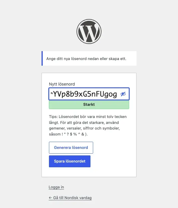 Sidan Ange ditt nya lösenord i WordPress