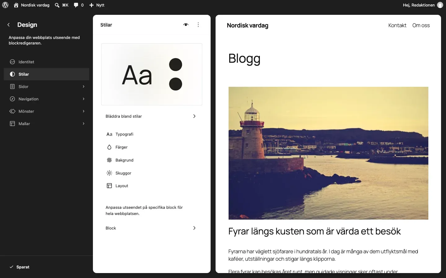 Panelen Stilar i Webbplatsredigeraren med Typografi, Färger, Bakgrund, Skuggor och Layout