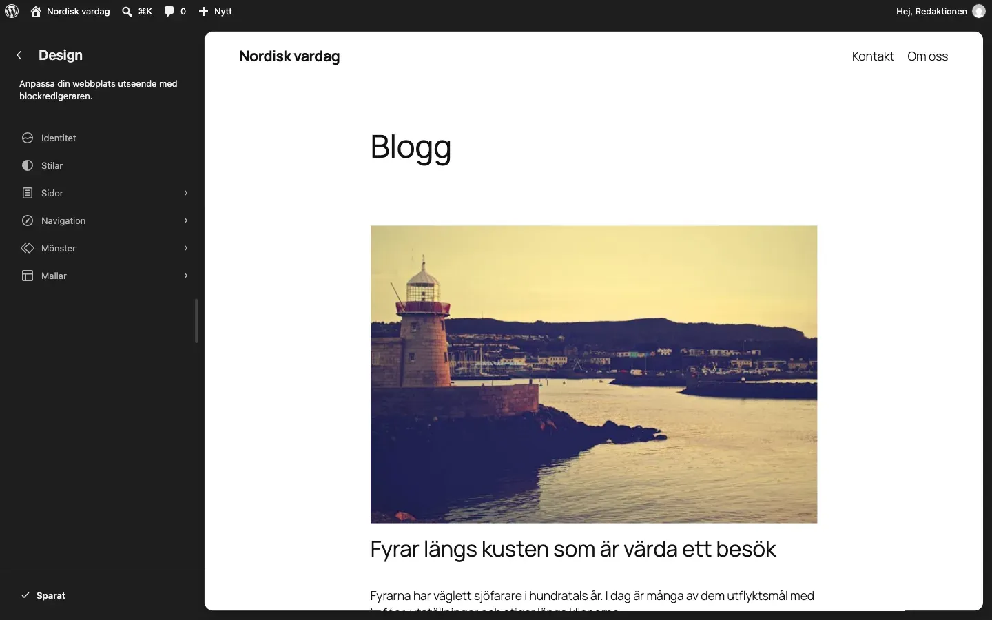 Webbplatsredigeraren i WordPress 7.1.3 på svenska med menyn Identitet, Stilar, Sidor, Navigation, Mönster och Mallar